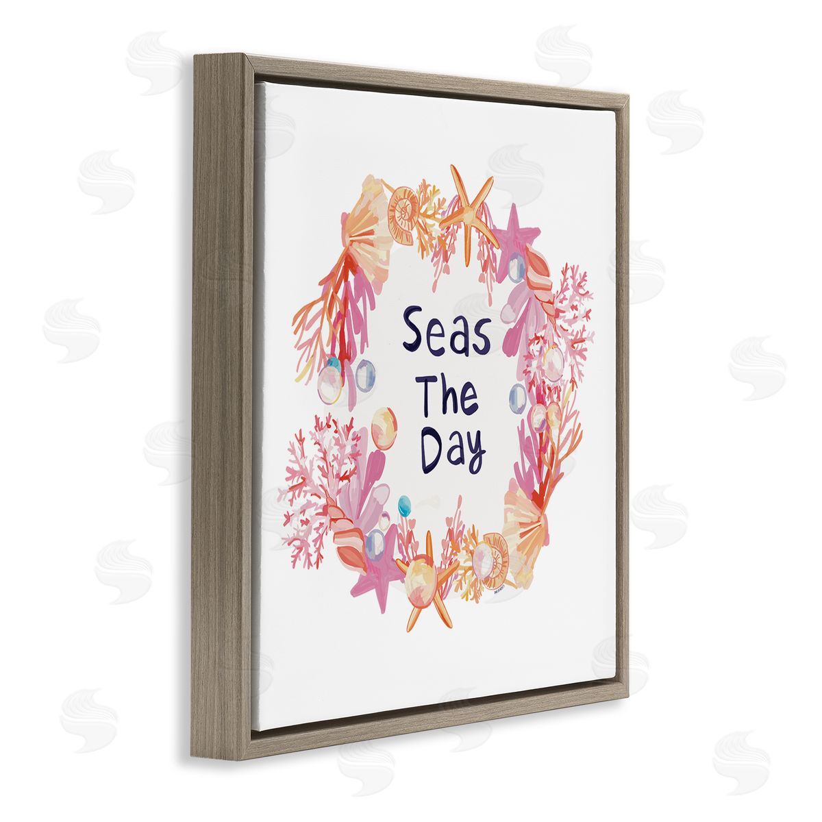 Amelia Noyes Seas The Day Marine Life Coral Botanical Wreath Brown Floating Frame Canvas Wall Art Print