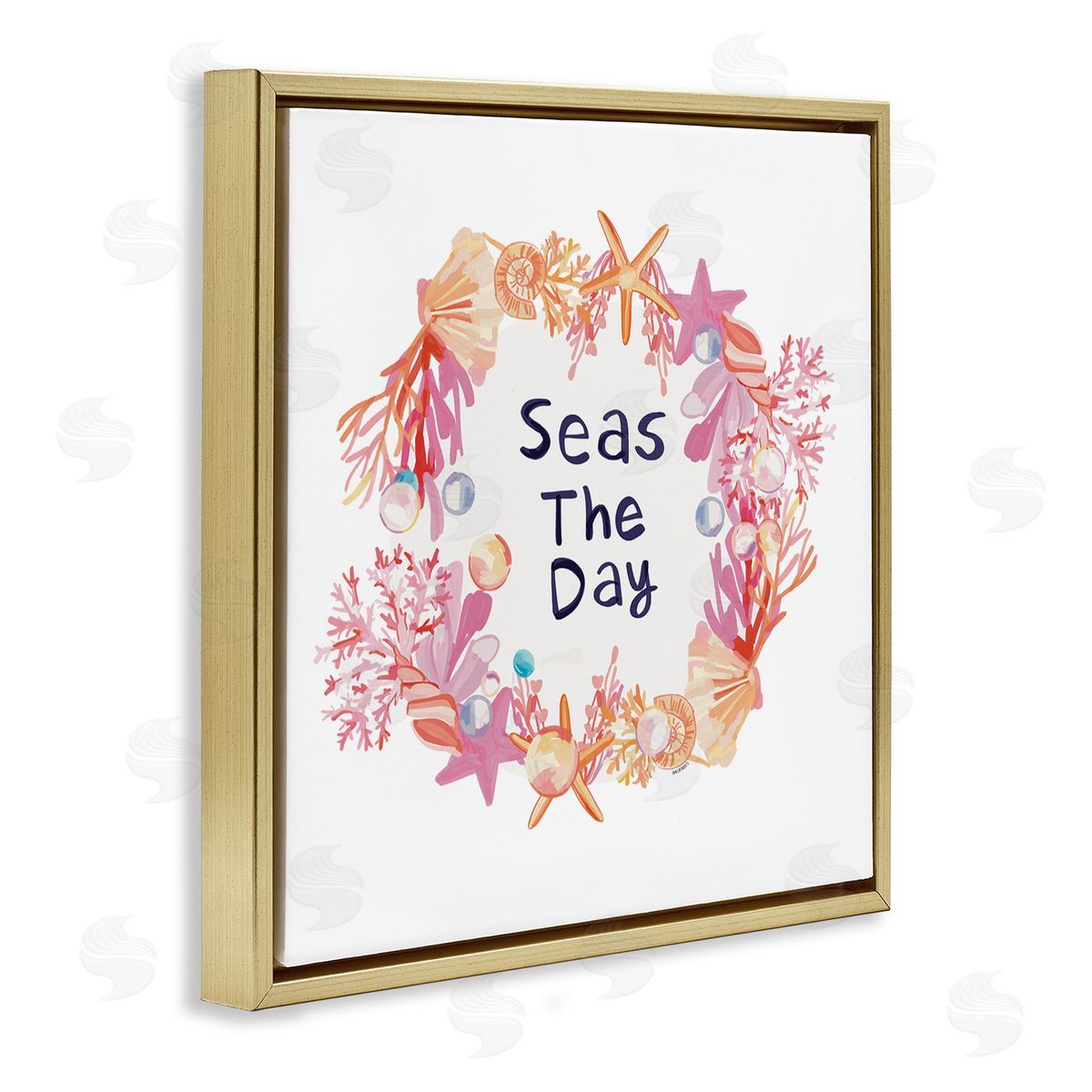 Amelia Noyes Seas The Day Marine Life Coral Botanical Wreath Gold Floating Frame Canvas Wall Art Print