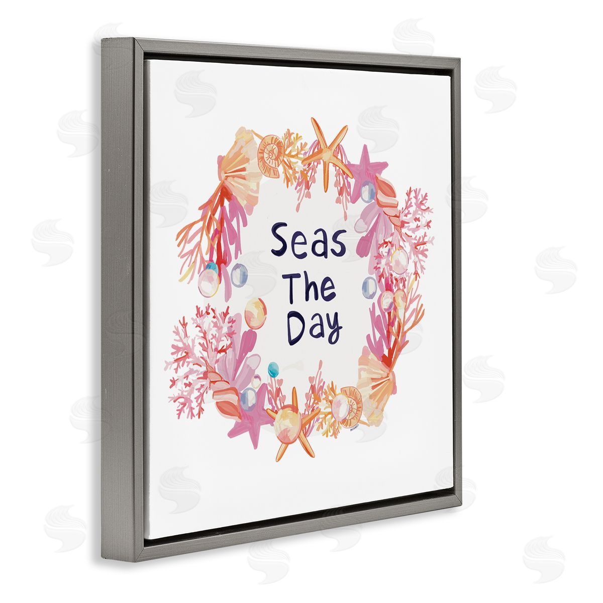 Amelia Noyes Seas The Day Marine Life Coral Botanical Wreath Gray Floating Frame Canvas Wall Art Print