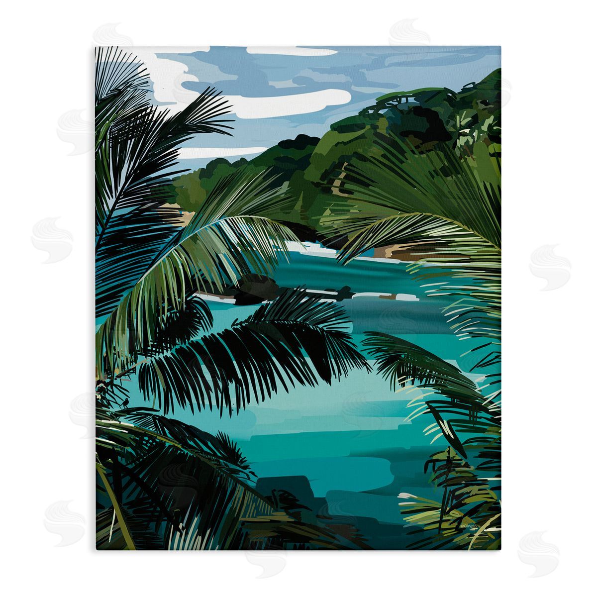 Amelia Noyes Tropical Ocean Inlet Lush Palm Tree Hills Stretched Canvas Wall Art Print