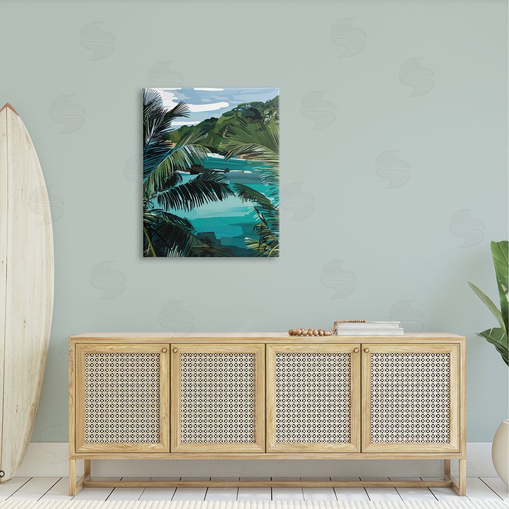 Amelia Noyes Tropical Ocean Inlet Lush Palm Tree Hills Canvas Wall Art Print in Room