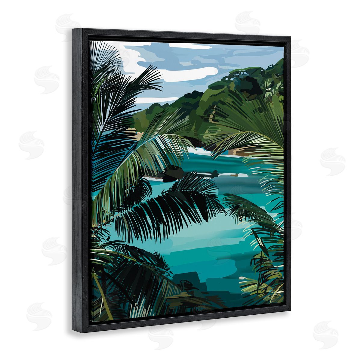 Amelia Noyes Tropical Ocean Inlet Lush Palm Tree Hills Black Floating Frame Canvas Wall Art Print