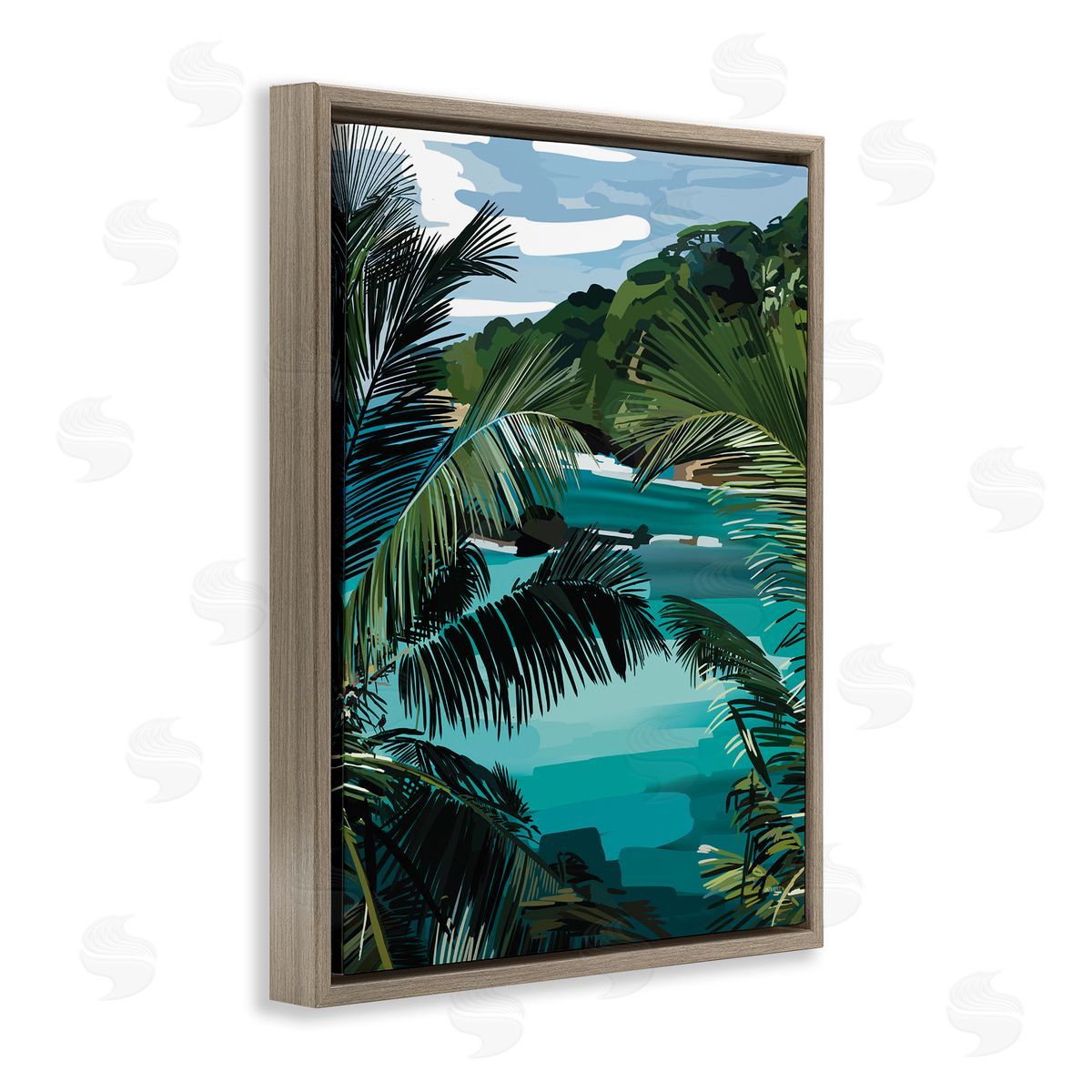 Amelia Noyes Tropical Ocean Inlet Lush Palm Tree Hills Brown Floating Frame Canvas Wall Art Print