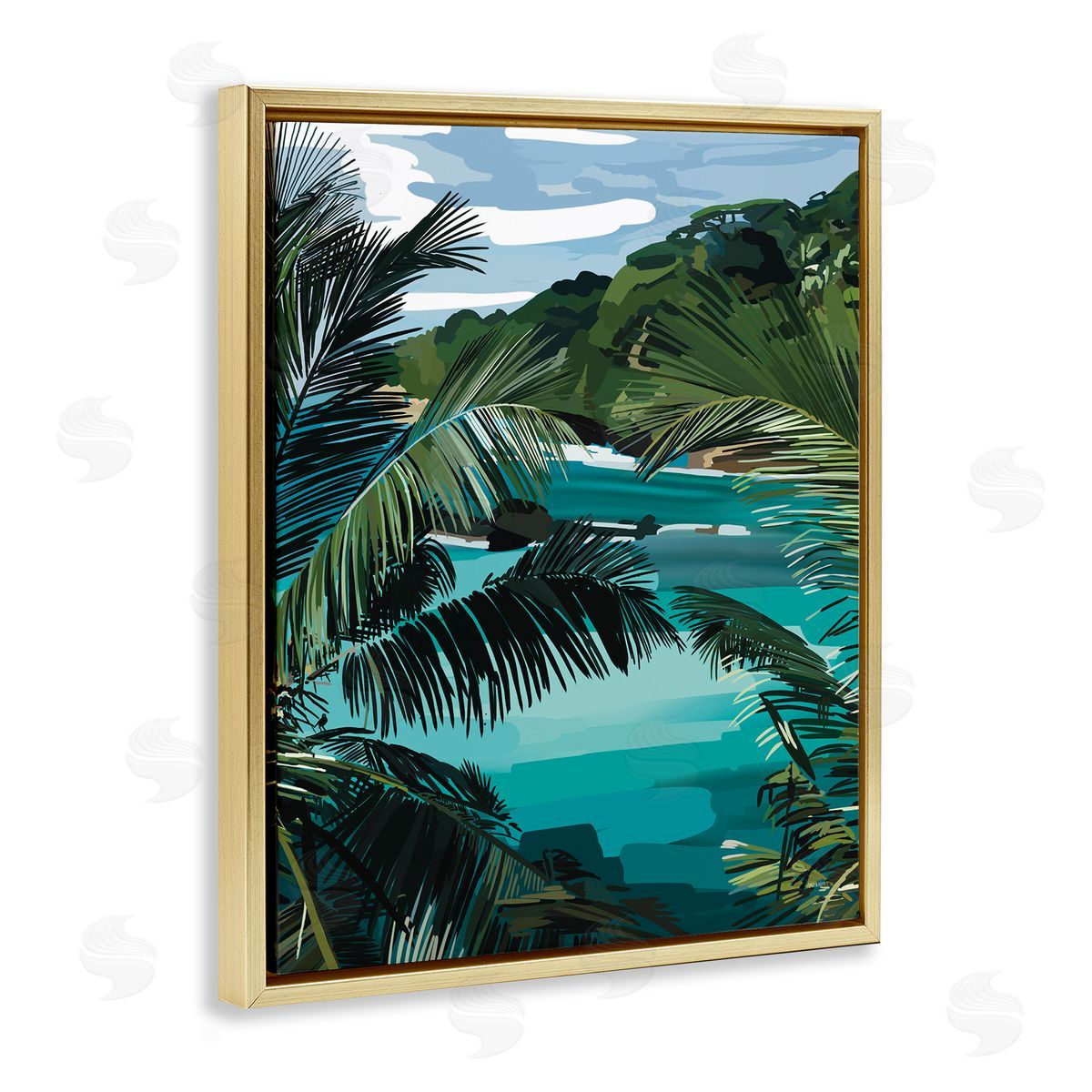 Amelia Noyes Tropical Ocean Inlet Lush Palm Tree Hills Gold Floating Frame Canvas Wall Art Print