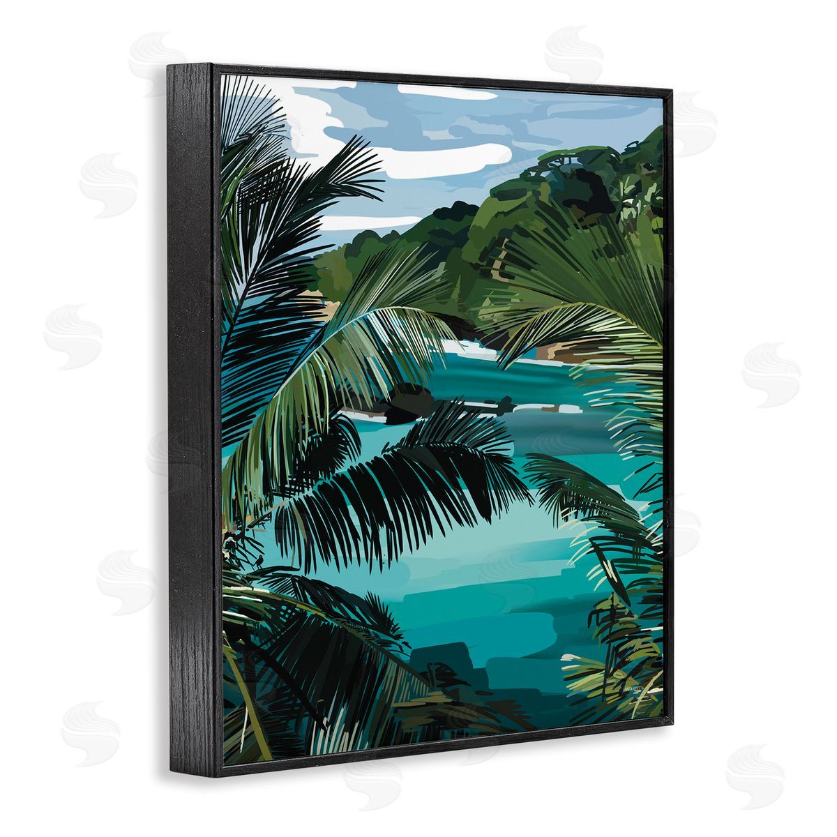 Amelia Noyes Tropical Ocean Inlet Lush Palm Tree Hills Black Framed Giclee Wall Art Print