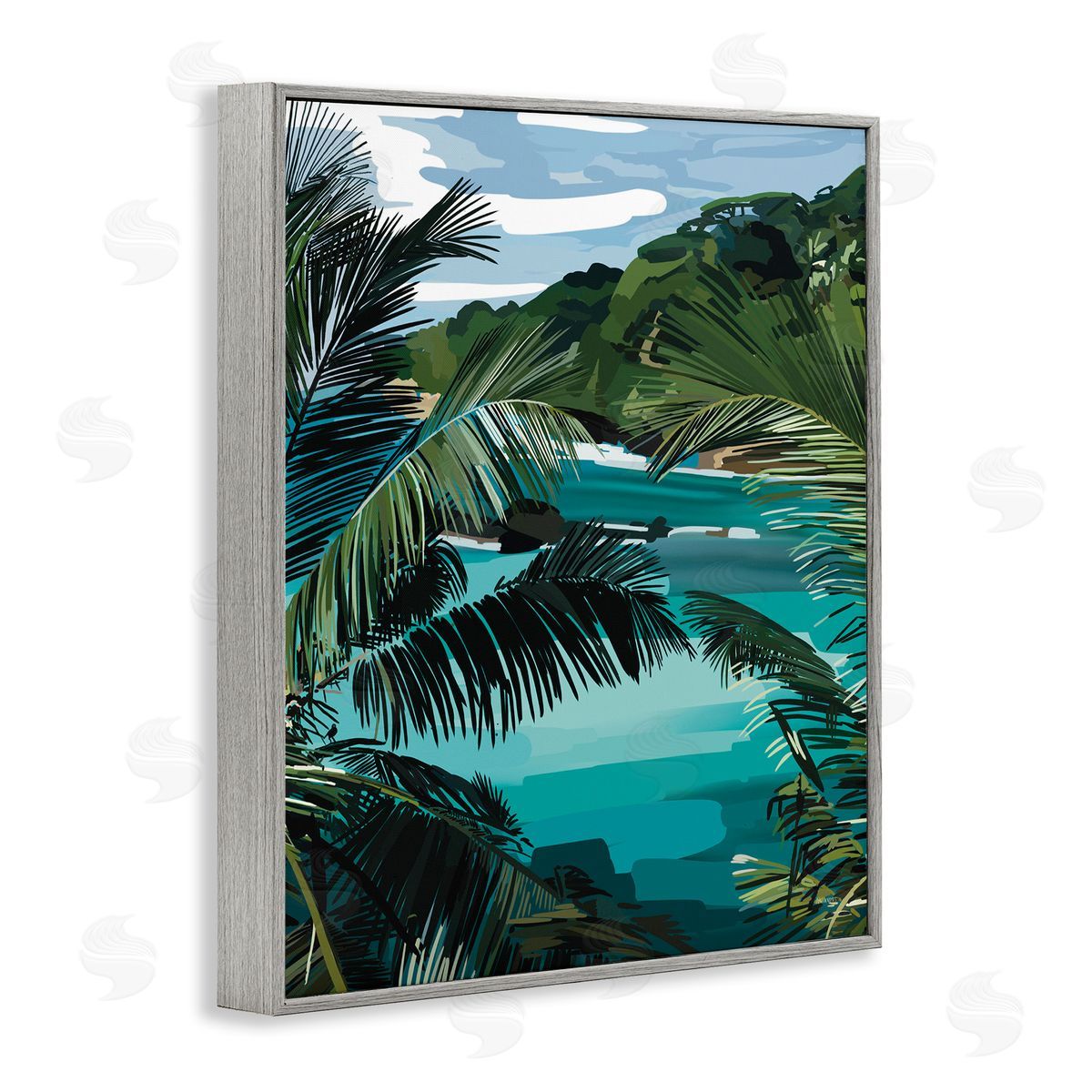 Amelia Noyes Tropical Ocean Inlet Lush Palm Tree Hills Gray Framed Giclee Wall Art Print