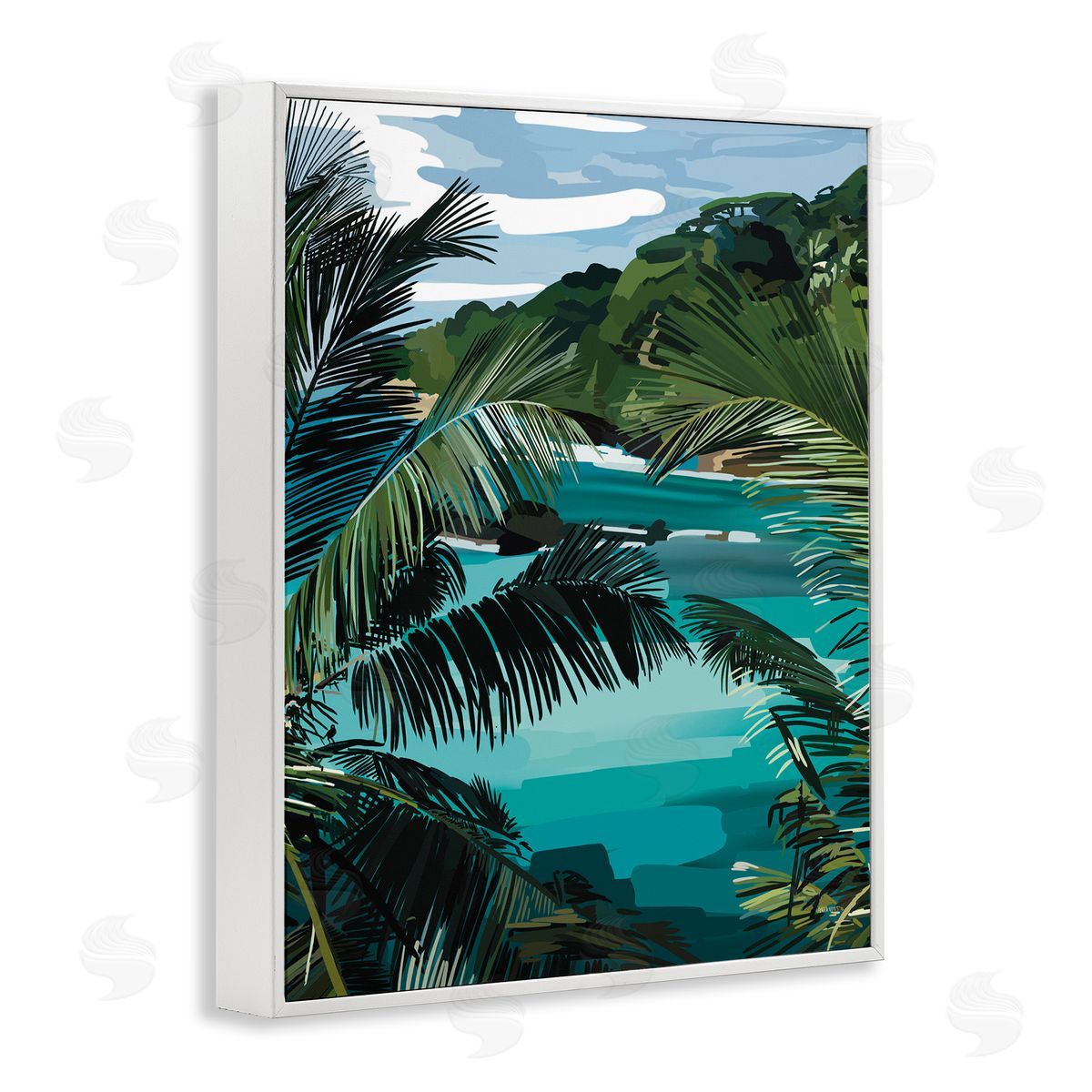 Amelia Noyes Tropical Ocean Inlet Lush Palm Tree Hills White Framed Giclee Wall Art Print