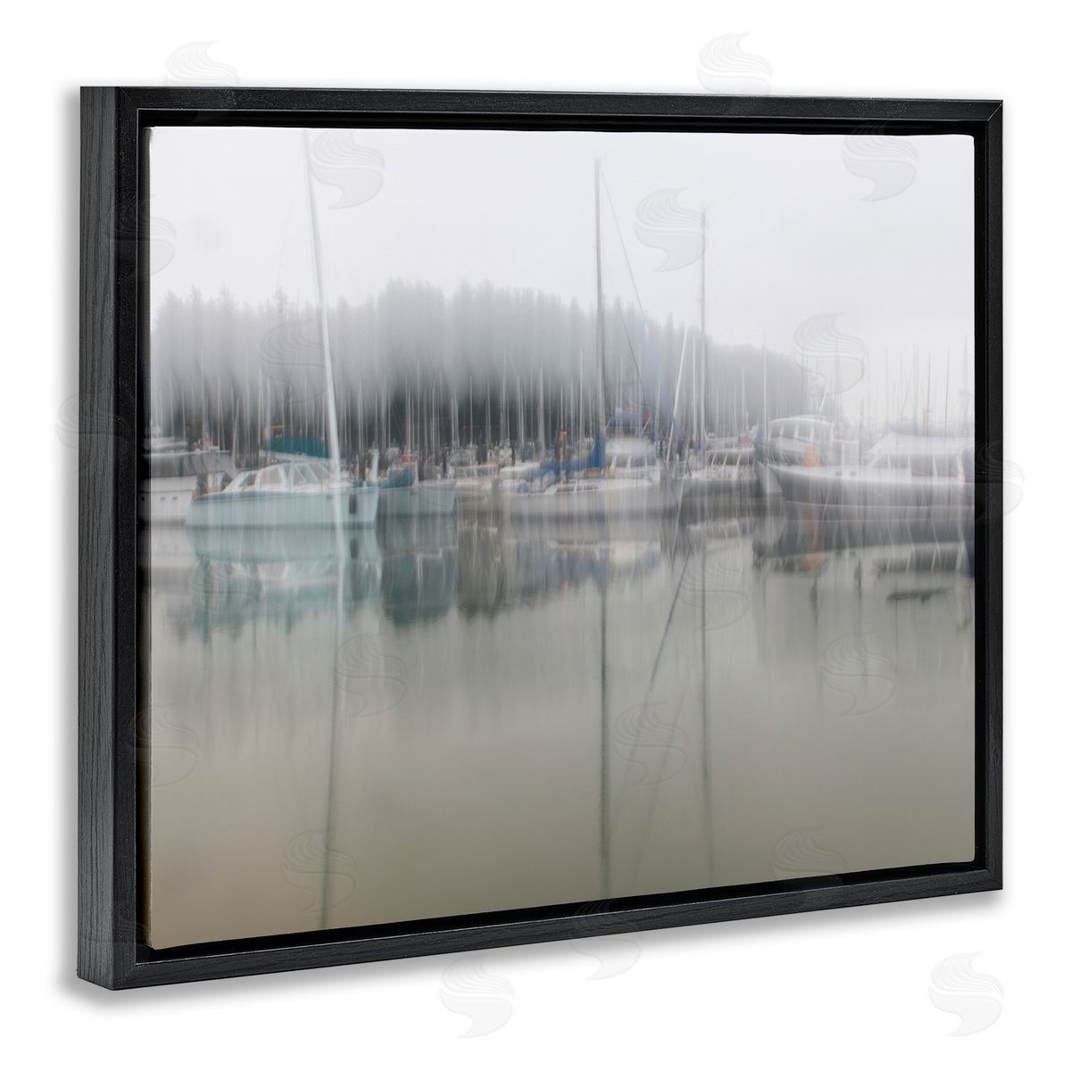 Nancy Crowell Foggy Weather Boat Marina Peaceful Floating Watercraft Black Floating Frame Canvas Wall Art Print