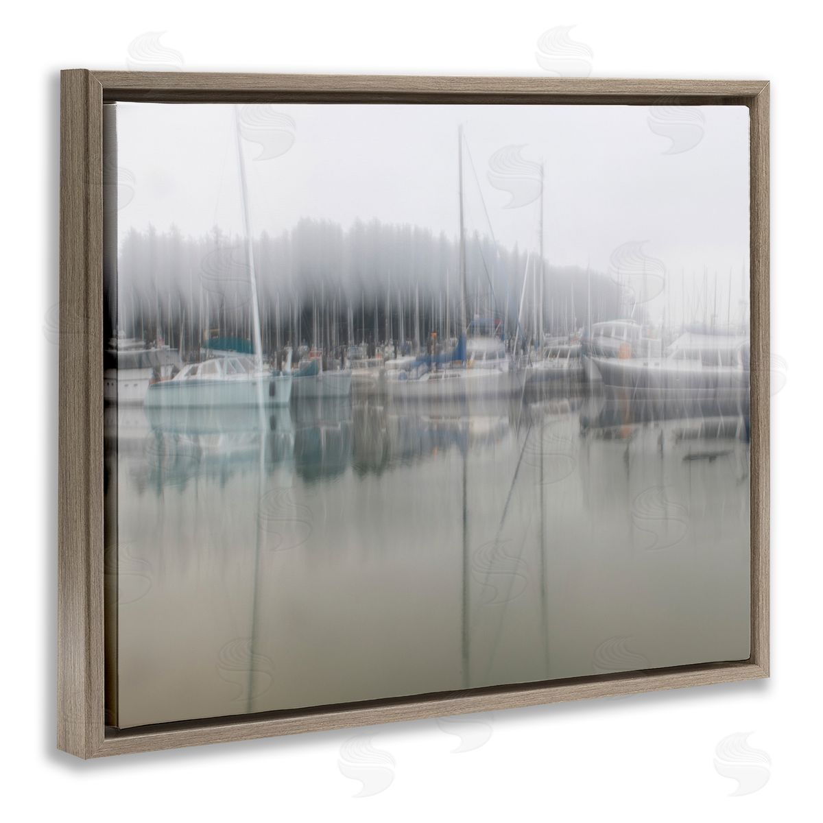 Nancy Crowell Foggy Weather Boat Marina Peaceful Floating Watercraft Brown Floating Frame Canvas Wall Art Print