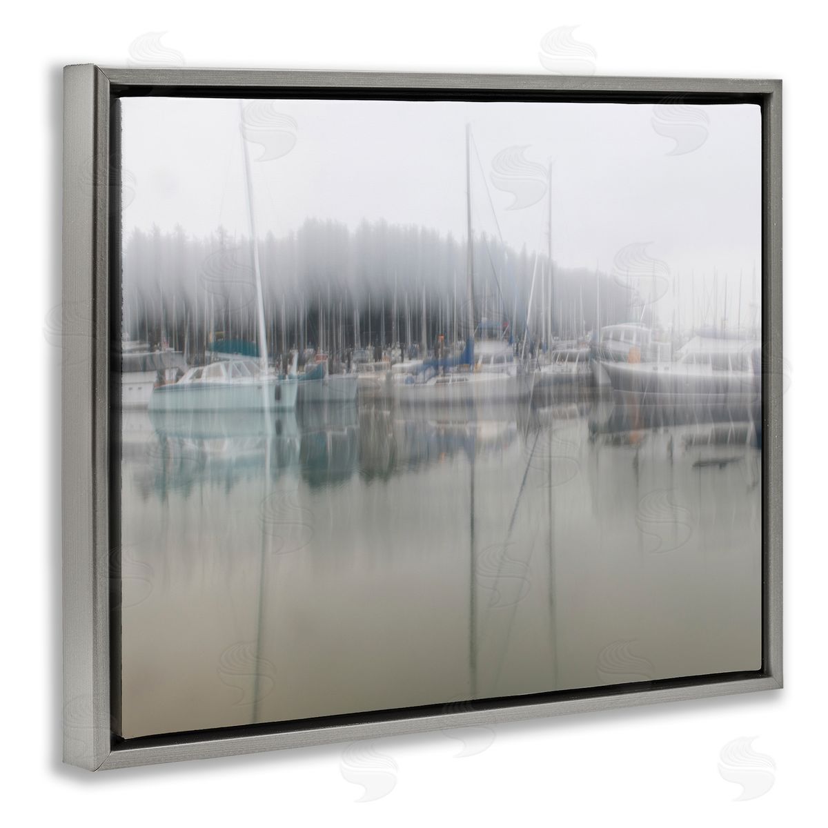Nancy Crowell Foggy Weather Boat Marina Peaceful Floating Watercraft Gray Floating Frame Canvas Wall Art Print