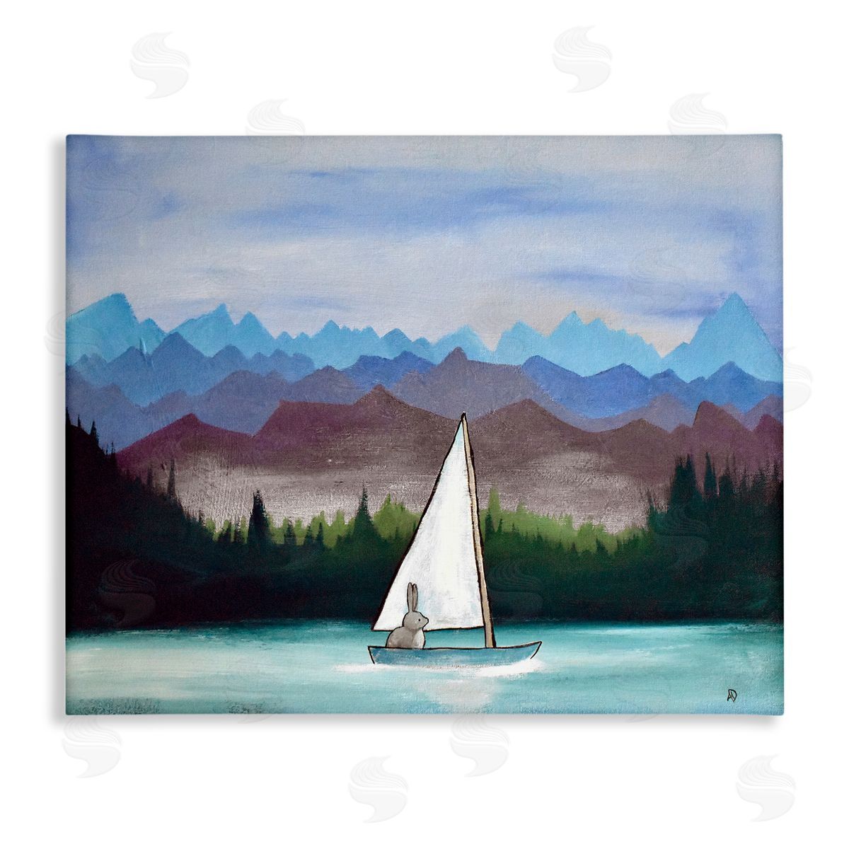 Andrea Doss Bunny Rabbit on Sailboat Vivid Distant Mountain Peaks Stretched Canvas Wall Art Print