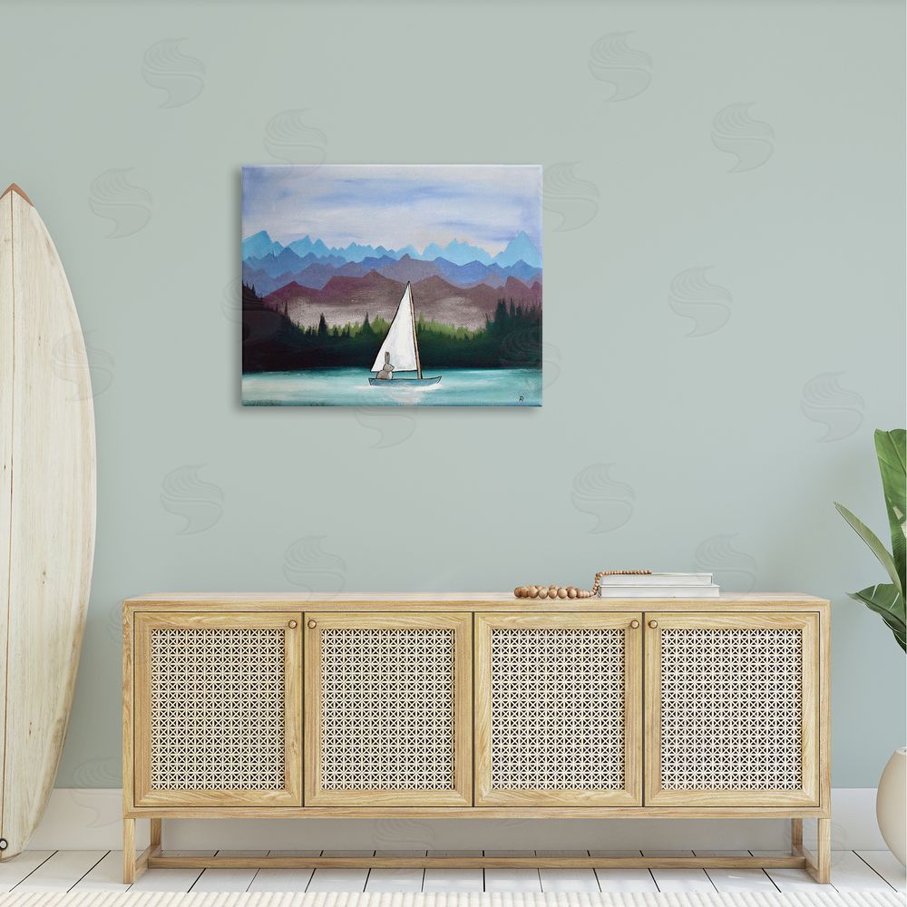 Andrea Doss Bunny Rabbit on Sailboat Vivid Distant Mountain Peaks Canvas Wall Art Print in Room