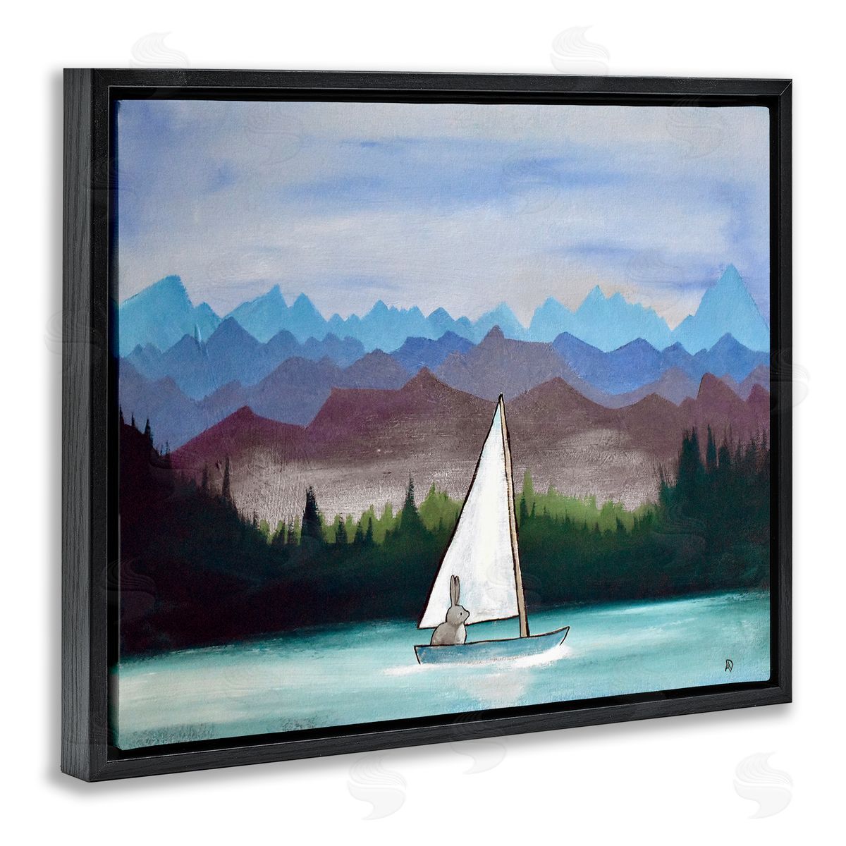 Andrea Doss Bunny Rabbit on Sailboat Vivid Distant Mountain Peaks Black Floating Frame Canvas Wall Art Print