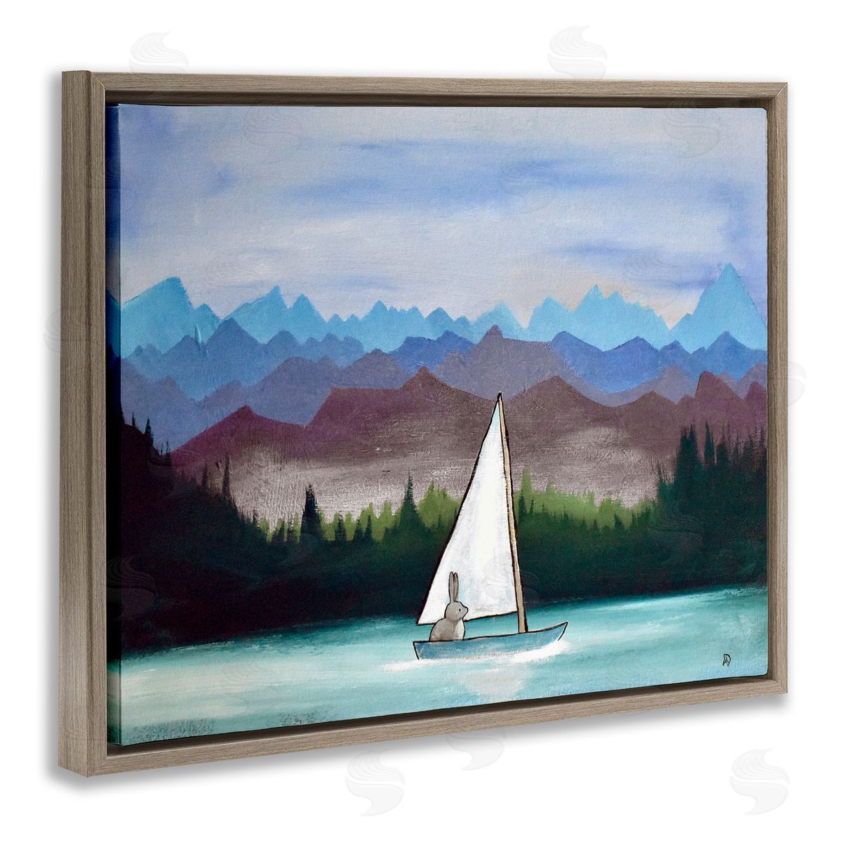 Andrea Doss Bunny Rabbit on Sailboat Vivid Distant Mountain Peaks Brown Floating Frame Canvas Wall Art Print