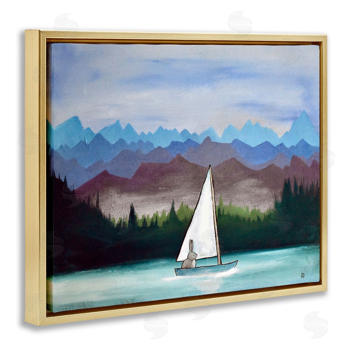 Andrea Doss Bunny Rabbit on Sailboat Vivid Distant Mountain Peaks Gold Floating Frame Canvas Wall Art Print