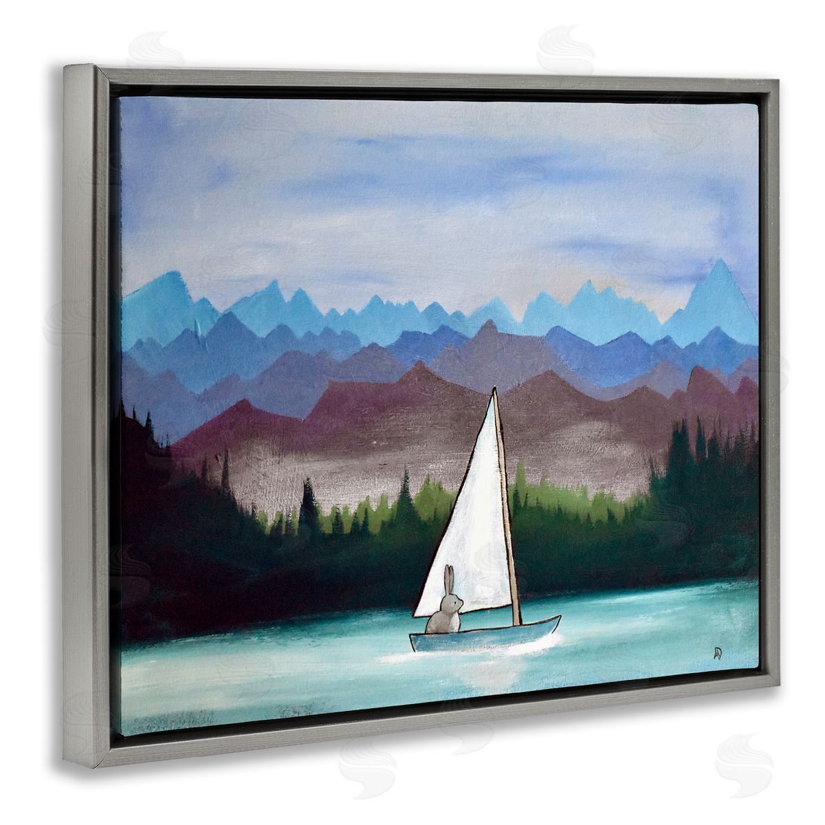 Andrea Doss Bunny Rabbit on Sailboat Vivid Distant Mountain Peaks Gray Floating Frame Canvas Wall Art Print