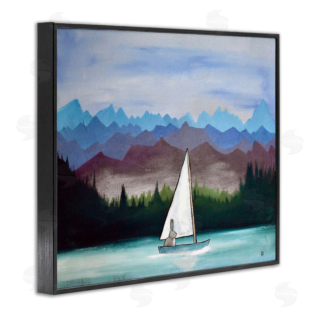 Andrea Doss Bunny Rabbit on Sailboat Vivid Distant Mountain Peaks Black Framed Giclee Wall Art Print
