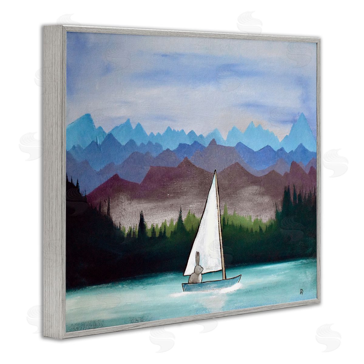 Andrea Doss Bunny Rabbit on Sailboat Vivid Distant Mountain Peaks Gray Framed Giclee Wall Art Print