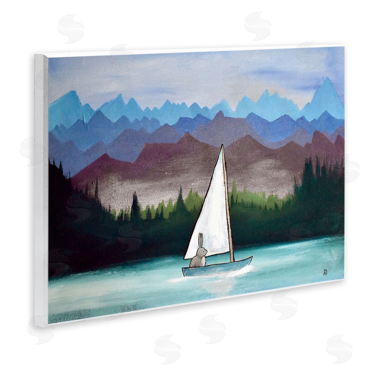 Andrea Doss Bunny Rabbit on Sailboat Vivid Distant Mountain Peaks Wall Plaque Art Print
