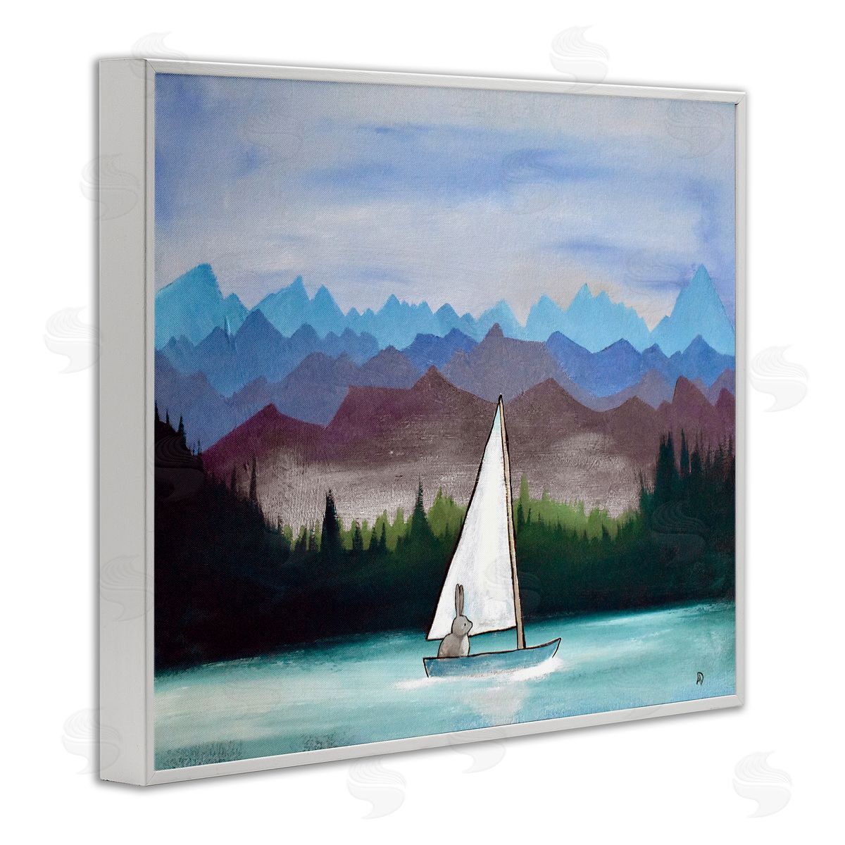 Andrea Doss Bunny Rabbit on Sailboat Vivid Distant Mountain Peaks White Framed Giclee Wall Art Print