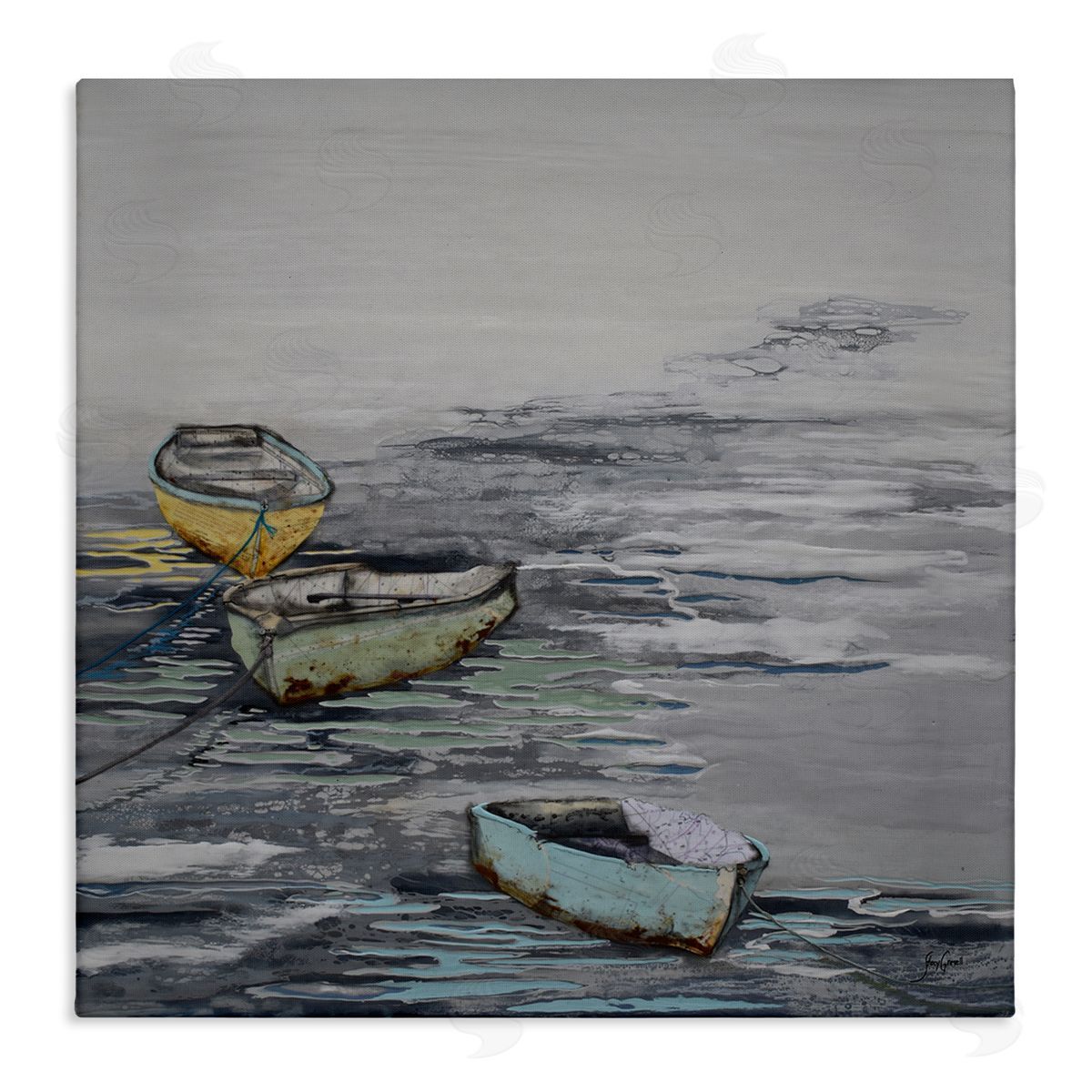 Stacy Gresell Three Rowboats Floating Ocean Waves Layered Collage Stretched Canvas Wall Art Print
