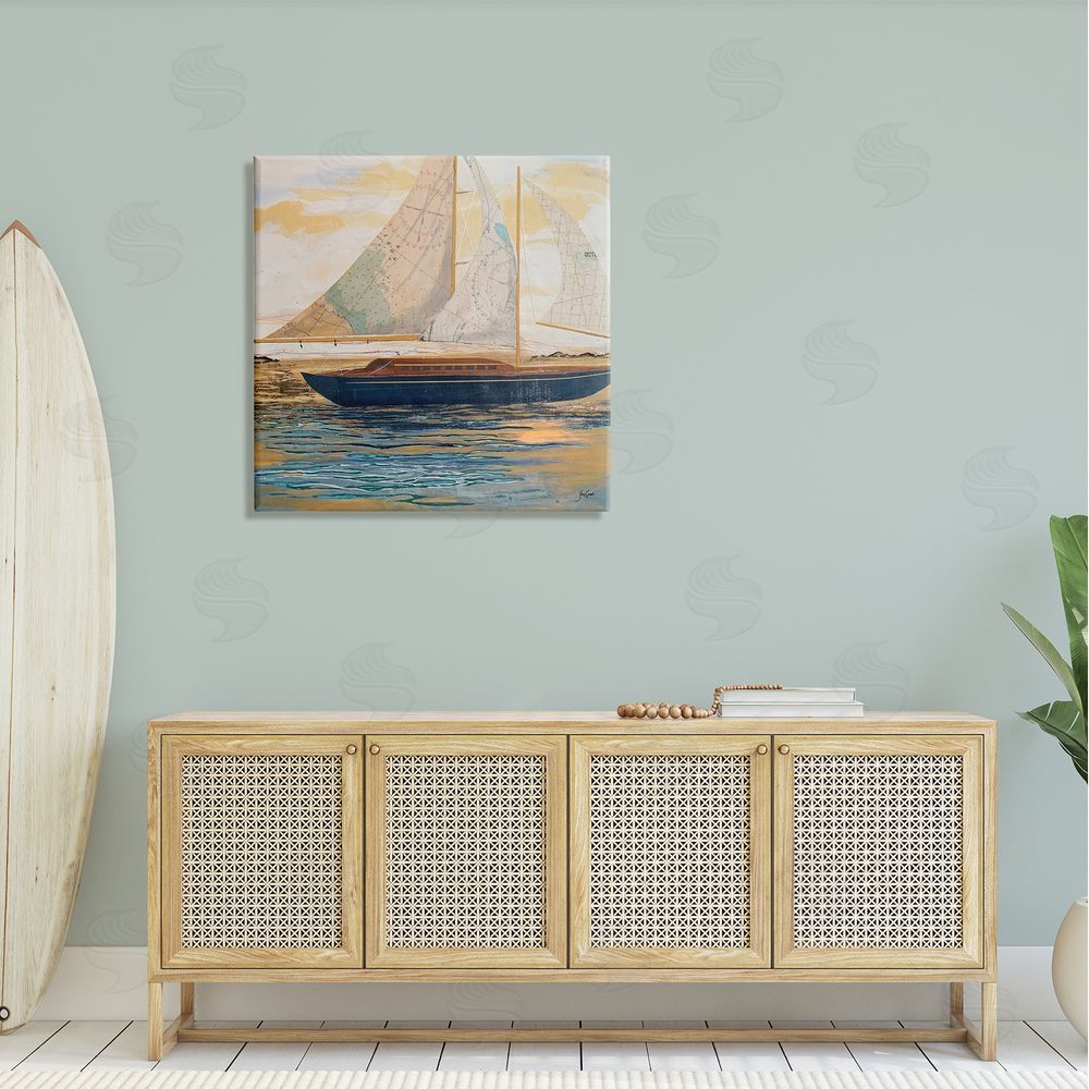 Stacy Gresell Nautical Watercraft Boat Layered Map Ephemera Collage Canvas Wall Art in Room