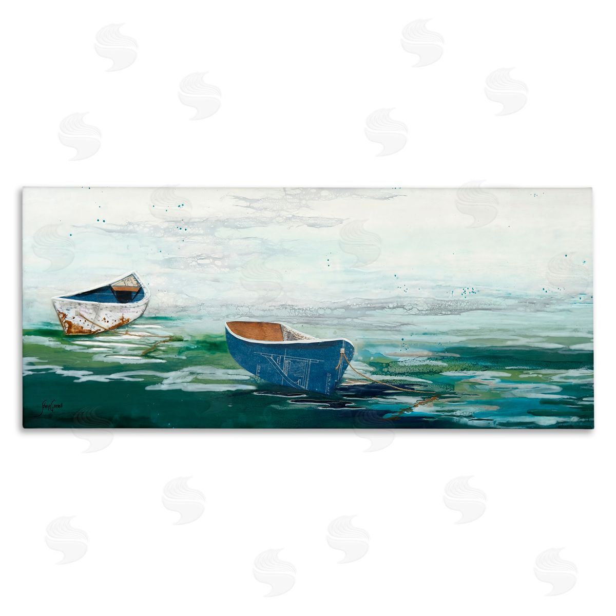 Stacy Gresell Panoramic Ocean Waves Two Drifting Rowboats Scene