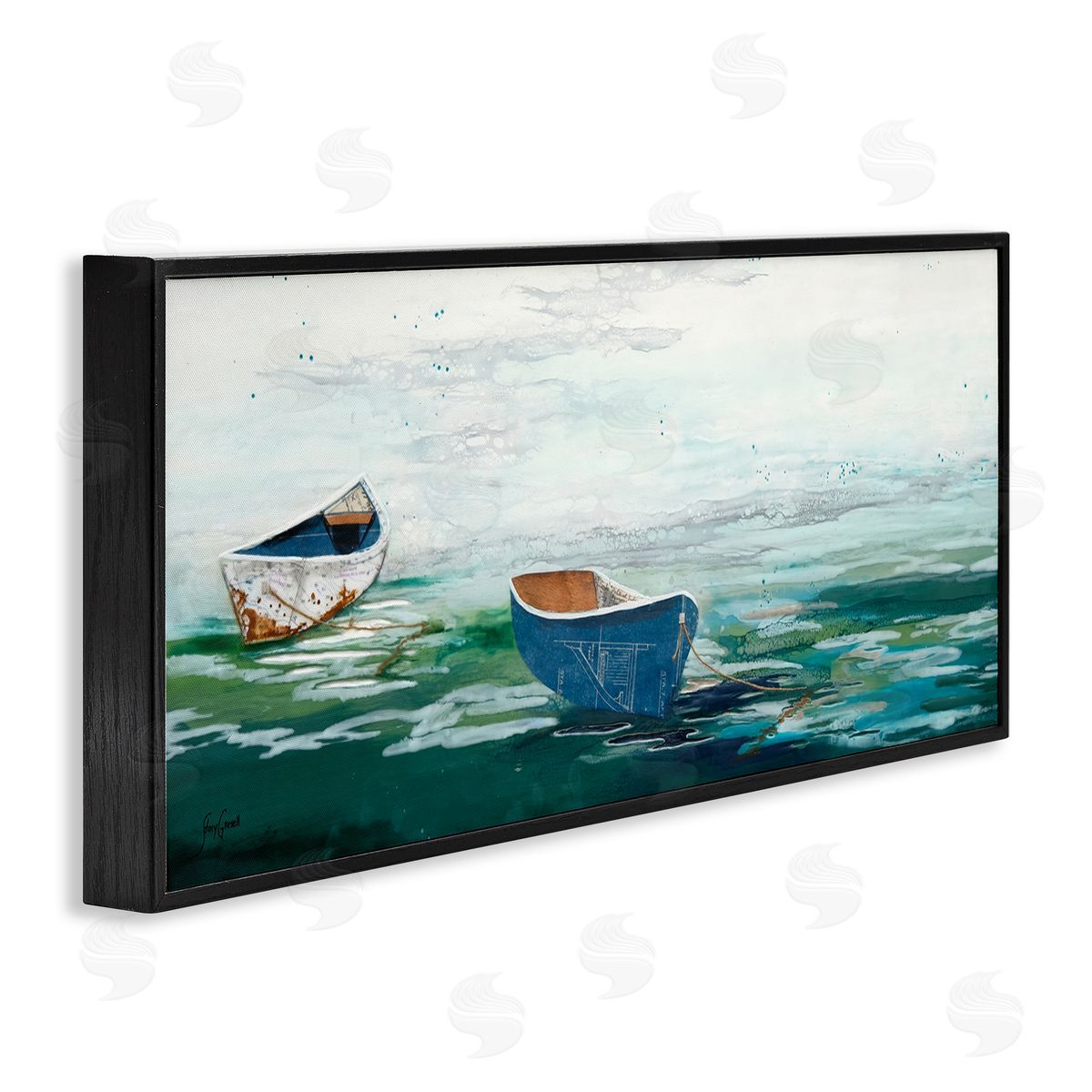 Stacy Gresell Panoramic Ocean Waves Two Drifting Rowboats Scene