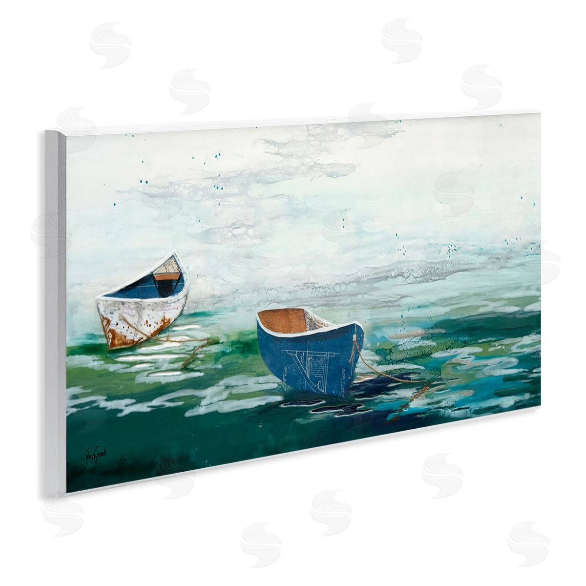 Stacy Gresell Panoramic Ocean Waves Two Drifting Rowboats Scene