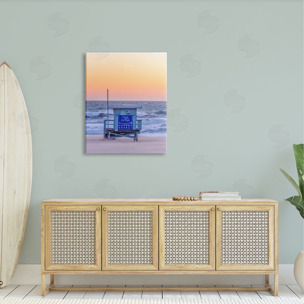 Jeff Poe Photography Tranquil Orange Sunset Beach Hut Ocean Shore Canvas Wall Art Print in Room