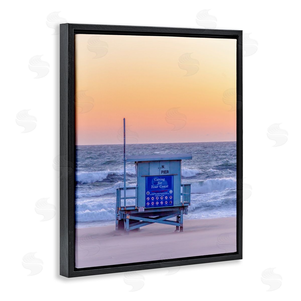Jeff Poe Photography Tranquil Orange Sunset Beach Hut Ocean Shore Black Floating Frame Canvas Wall Art Print