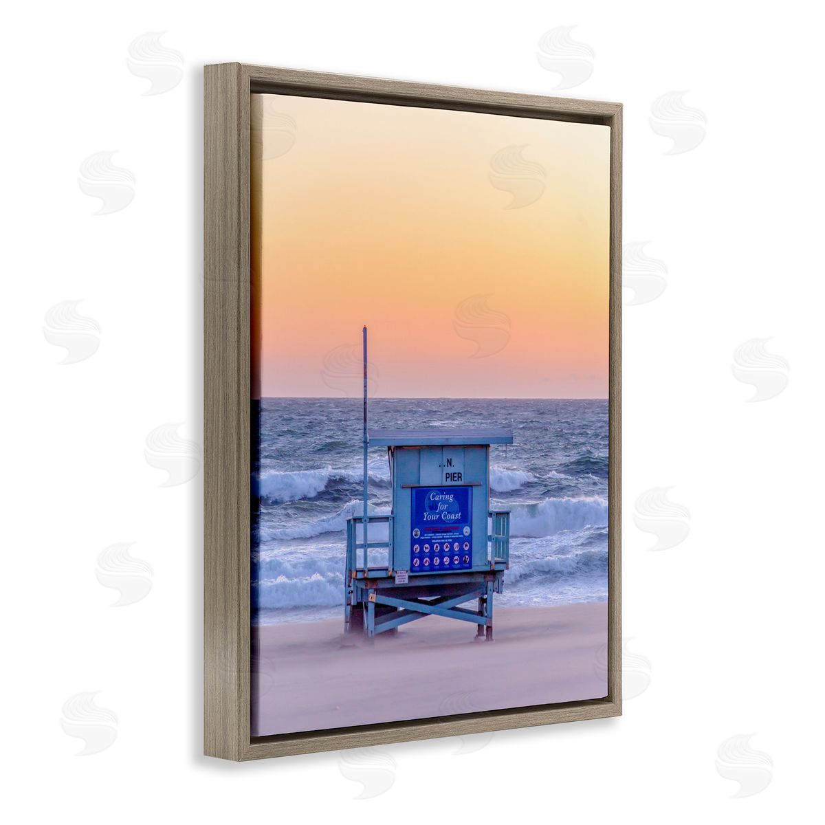 Jeff Poe Photography Tranquil Orange Sunset Beach Hut Ocean Shore Brown Floating Frame Canvas Wall Art Print