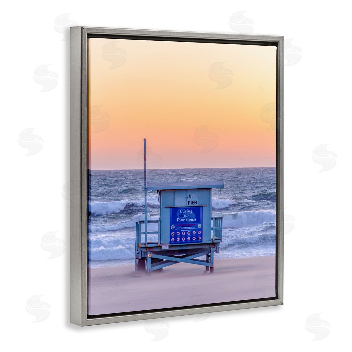 Jeff Poe Photography Tranquil Orange Sunset Beach Hut Ocean Shore Gray Floating Frame Canvas Wall Art Print