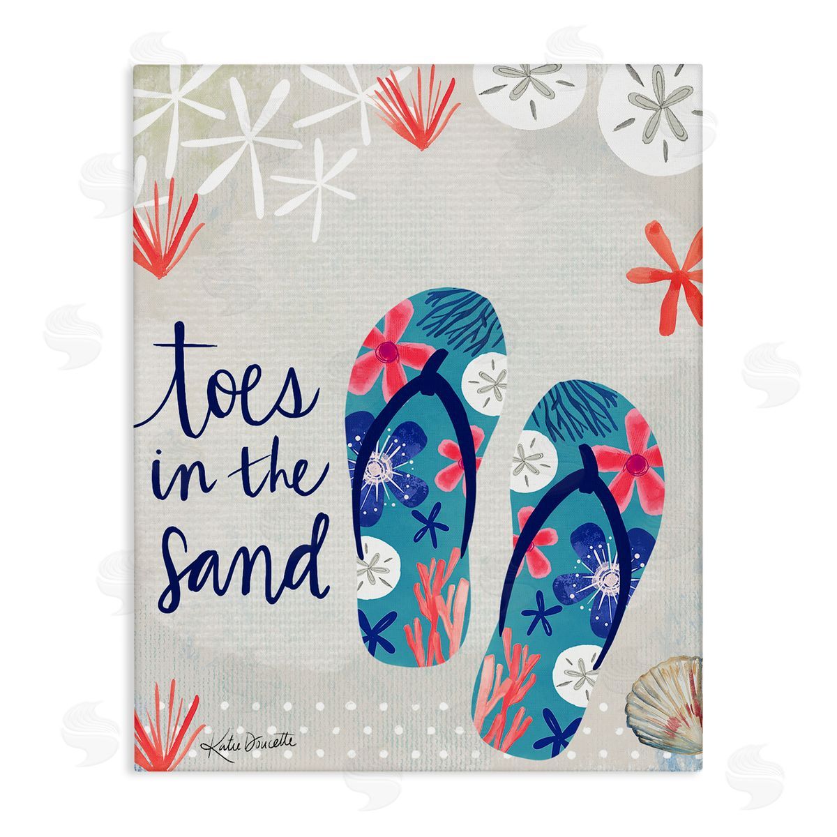 Katie Doucette Toes In Sand Varied Beach Botanical Patterned Flip-Flops Stretched Canvas Wall Art Print