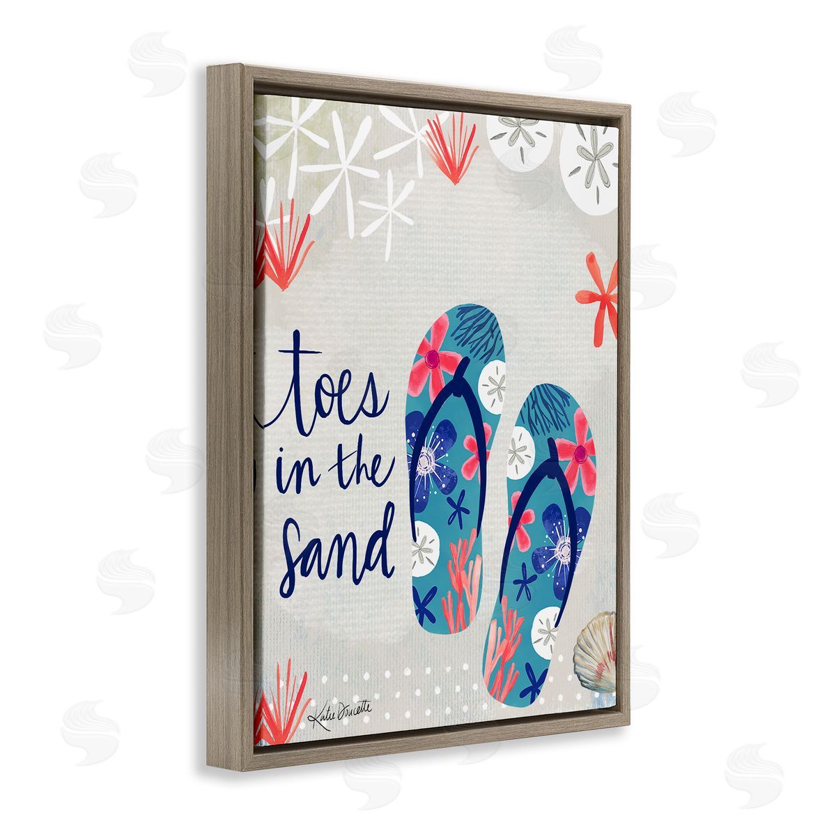 Katie Doucette Toes In Sand Varied Beach Botanical Patterned Flip-Flops Brown Floating Frame Canvas Wall Art Print