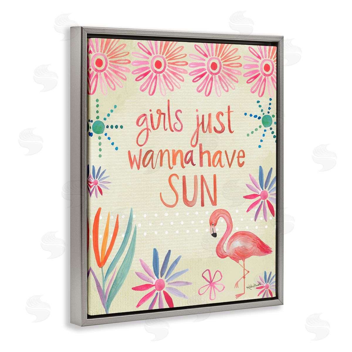Katie Doucette Girls Wanna Have Sun Tropical Summer Floral Pattern Gray Floating Frame Canvas Wall Art Print