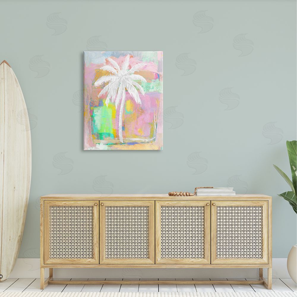 Kristen Drew Pastel Palm Tree Tropical Layered Brush Strokes Canvas Wall Art Print in Room