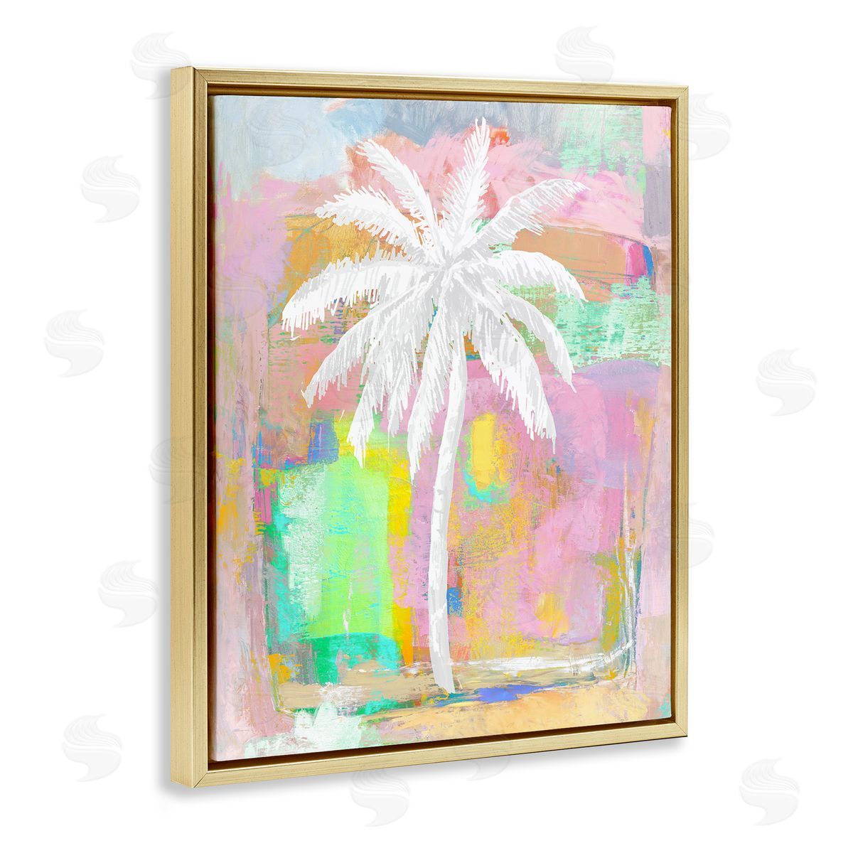 Kristen Drew Pastel Palm Tree Tropical Layered Brush Strokes Gold Floating Frame Canvas Wall Art Print