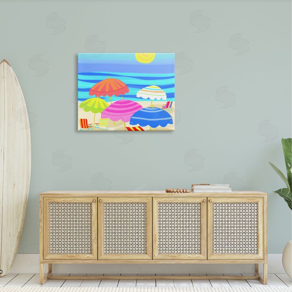 Maret Hensick Vibrant Sun Umbrellas Summer Beach Shore Scene Canvas Wall Art Print in Room