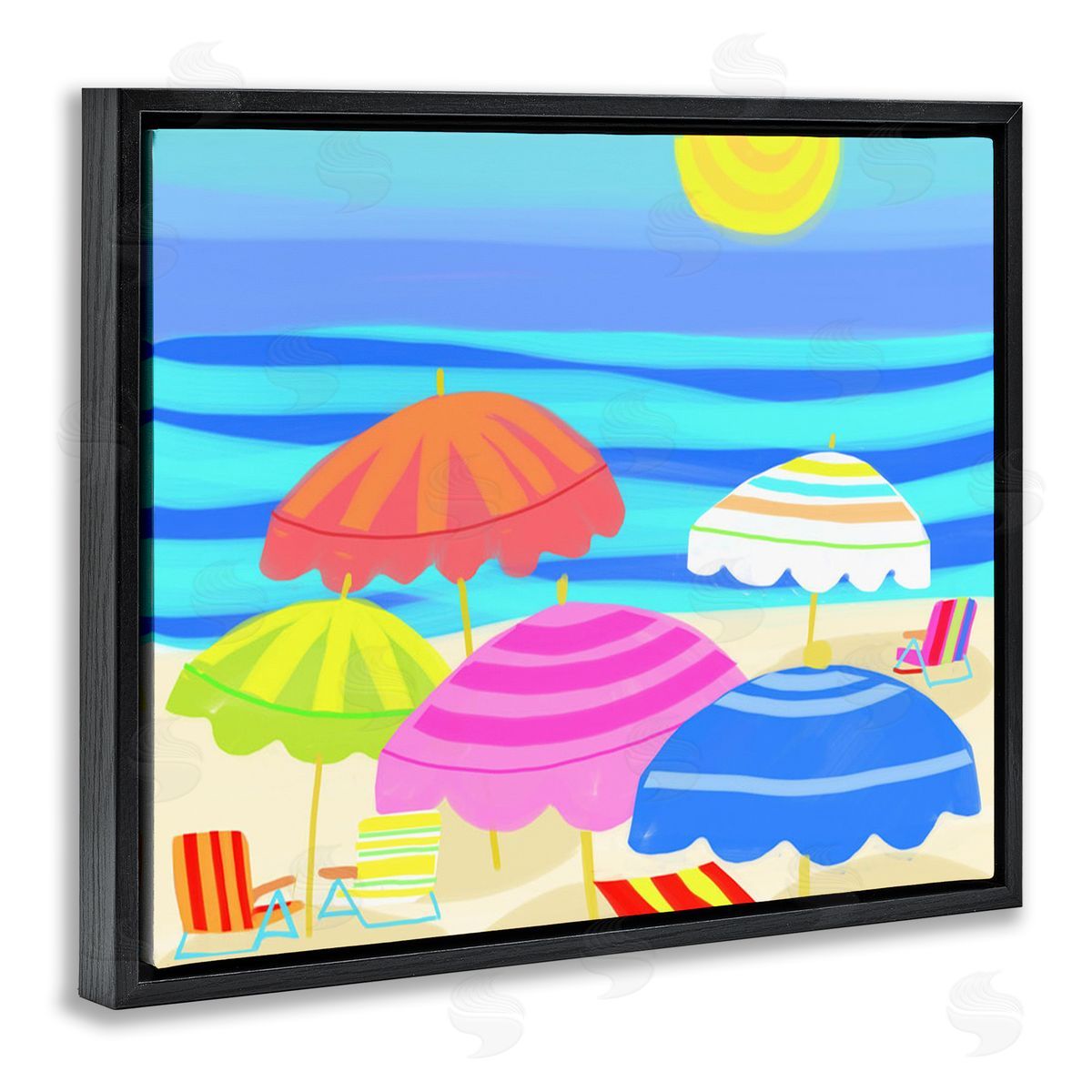 Maret Hensick Vibrant Sun Umbrellas Summer Beach Shore Scene Black Floating Frame Canvas Wall Art Print
