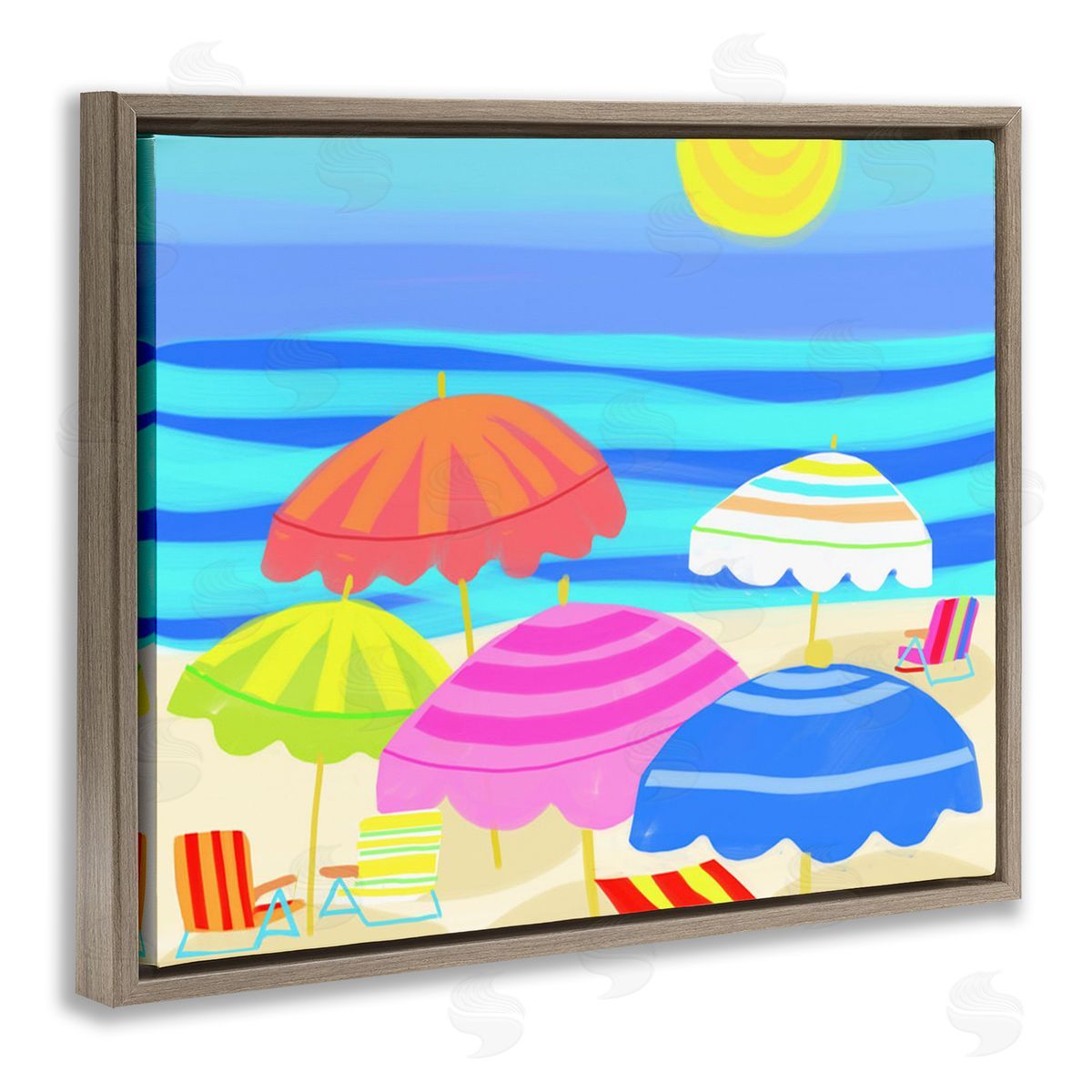 Maret Hensick Vibrant Sun Umbrellas Summer Beach Shore Scene Brown Floating Frame Canvas Wall Art Print