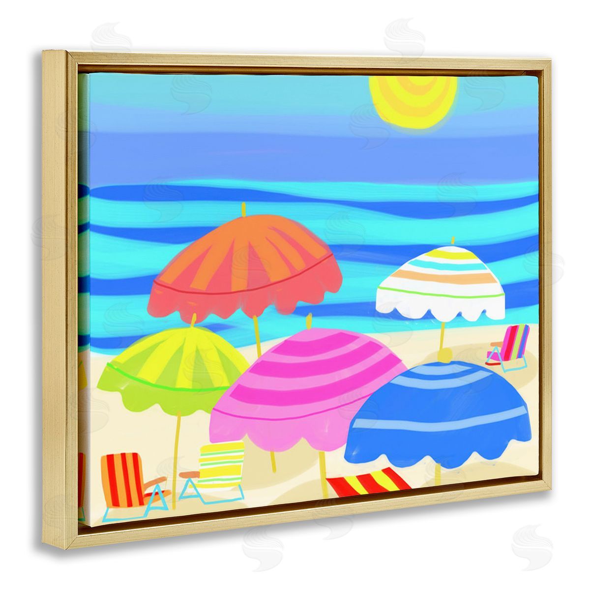 Maret Hensick Vibrant Sun Umbrellas Summer Beach Shore Scene Gold Floating Frame Canvas Wall Art Print