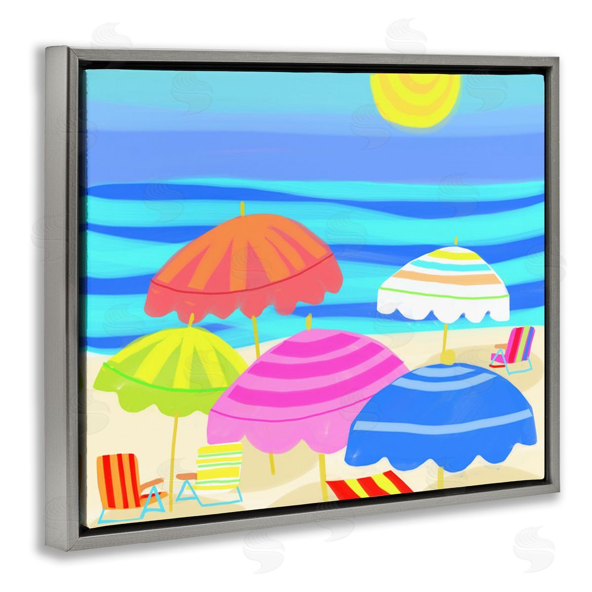 Maret Hensick Vibrant Sun Umbrellas Summer Beach Shore Scene Gray Floating Frame Canvas Wall Art Print