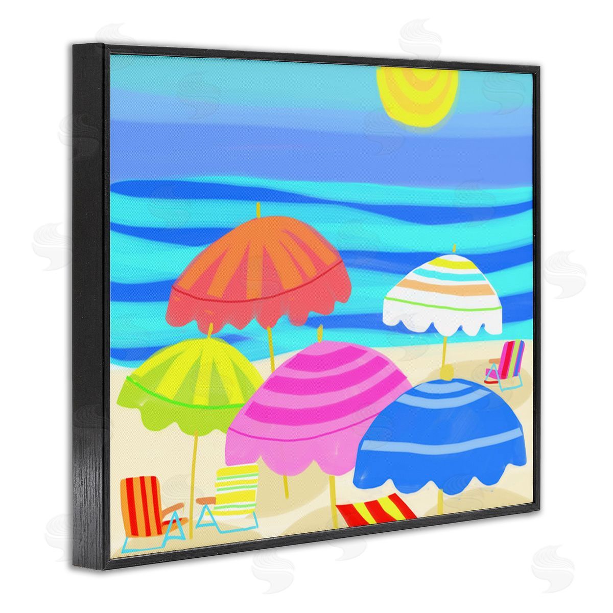 Maret Hensick Vibrant Sun Umbrellas Summer Beach Shore Scene Black Framed Giclee Wall Art Print