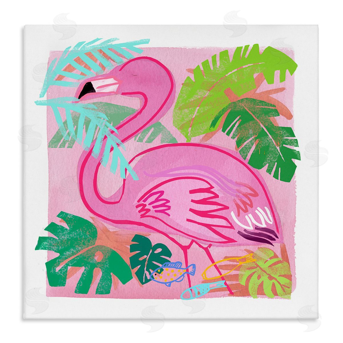 Maret Hensick Tropical Flamingo Bird Layered Fish Beach Leaves  Stretched Canvas Wall Art Print
