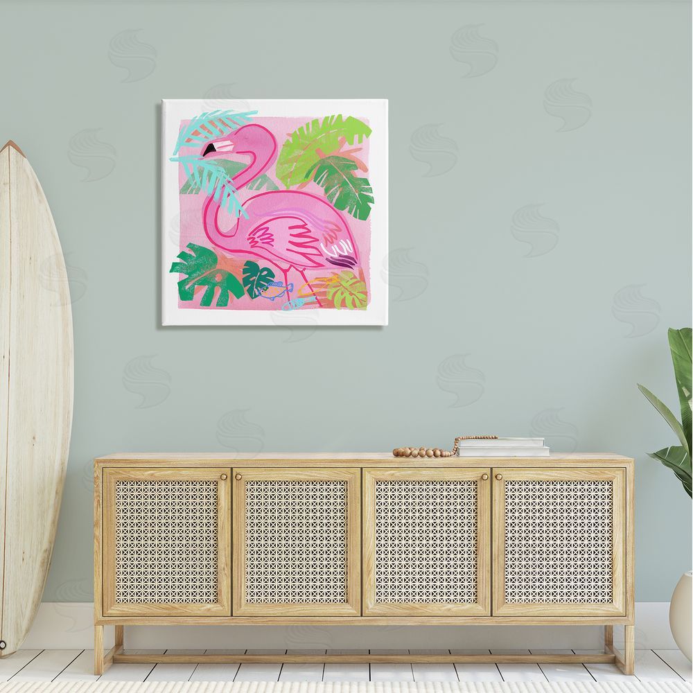 Maret Hensick Tropical Flamingo Bird Layered Fish Beach Leaves  Canvas Wall Art in Room