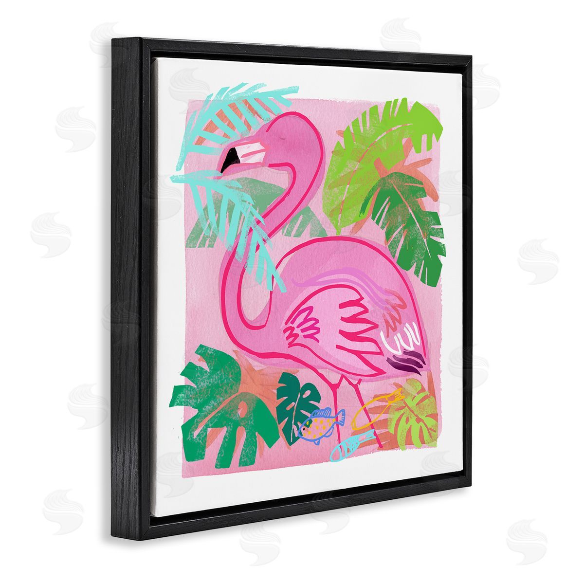 Maret Hensick Tropical Flamingo Bird Layered Fish Beach Leaves  Black Floating Frame Canvas Wall Art Print