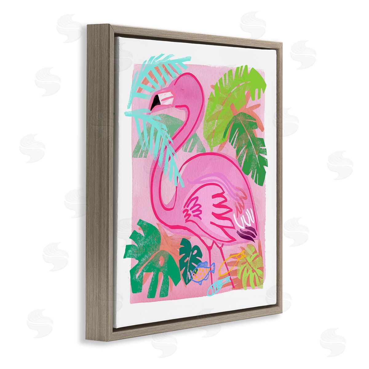 Maret Hensick Tropical Flamingo Bird Layered Fish Beach Leaves  Brown Floating Frame Canvas Wall Art Print
