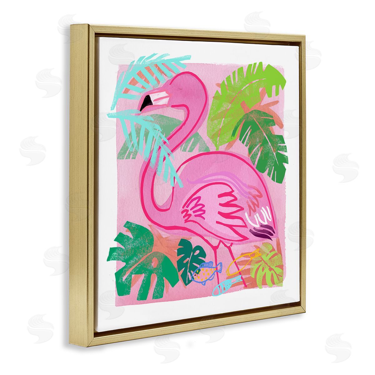 Maret Hensick Tropical Flamingo Bird Layered Fish Beach Leaves  Gold Floating Frame Canvas Wall Art Print