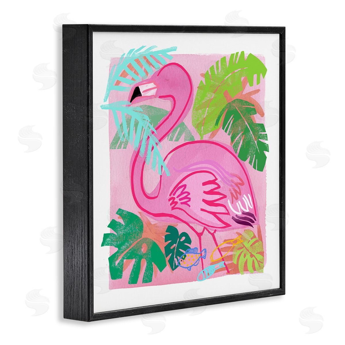 Maret Hensick Tropical Flamingo Bird Layered Fish Beach Leaves  Black Framed Glicee Wall Art Print